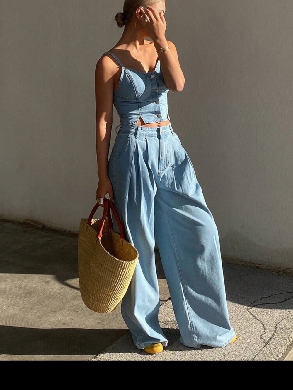 Light Blue Wide-Leg Denim Jumpsuit Pants Set